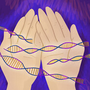 A person's hands acting as a carrier of cystic fibrosis DNA helixes.