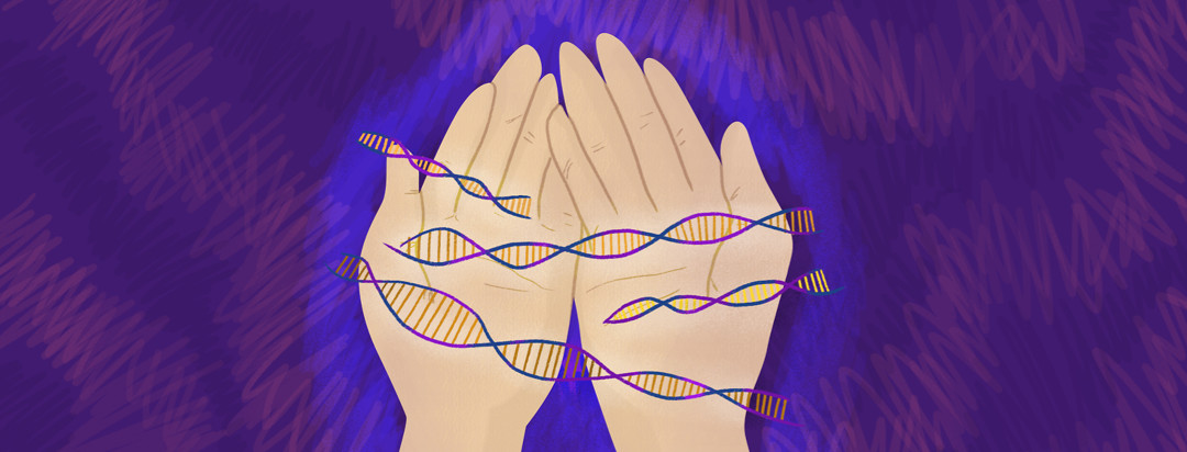 A person's hands acting as a carrier of cystic fibrosis DNA helixes.