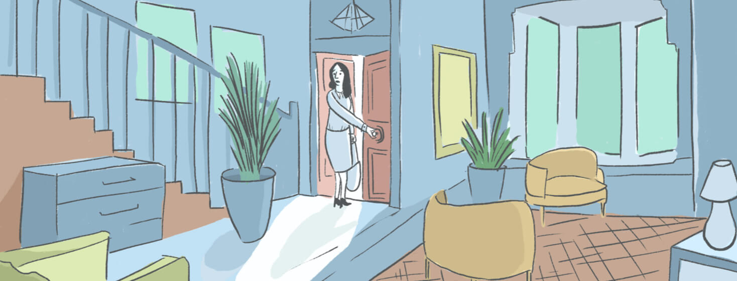 A person contemplates whether she'll continue to leave the house for work.