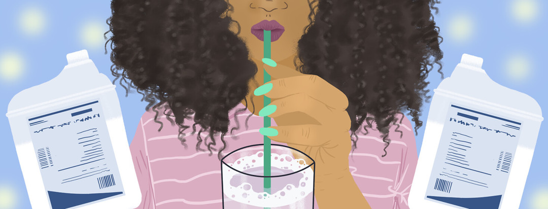 Person with large curls sipping colonscopy prep fluid from straw; 64-ounce jugs surround them.