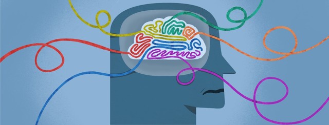 A head profile with cords coming in creating the folds of the brain