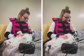 Two photos of Janeil sitting with her pet cat as she completes her cystic fibrosis breathing treatments with her vest