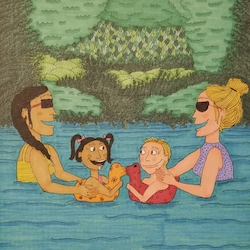 a drawing of two women, each with their children, drawn by katelyn as one of her cf hobbies