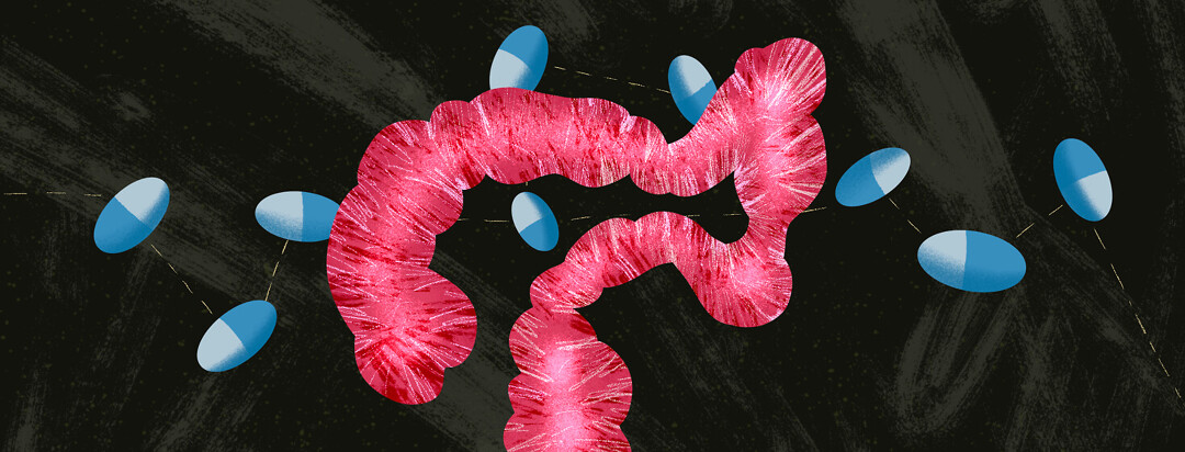 Enzyme pills connected by dotted line behind scarred large intestine