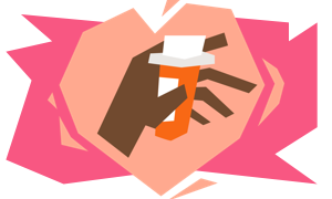a heart shape with a hand holding a pill bottle inside