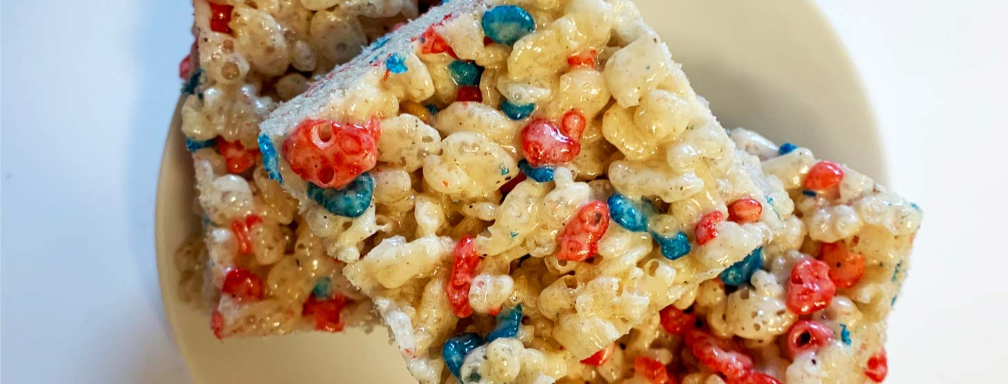 Cystic Fibrosis community advocate Janeil’s brown butter rice krispie treats with red, white, and blue krispies