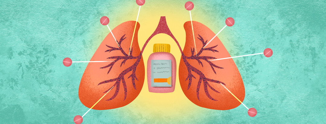Pair of lungs with ibuprofen bottle in middle; individual pills target lung veins.