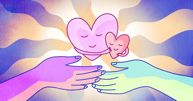 Two hands come together to support two hearts hugging each other.