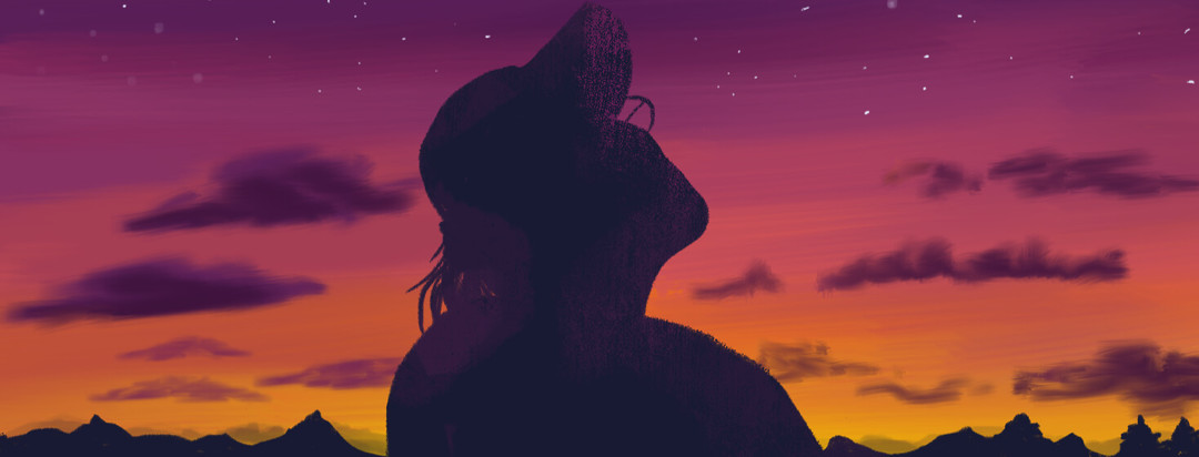 Silhouette of woman with glasses and baseball cap looking up at purple yellow orange sunset