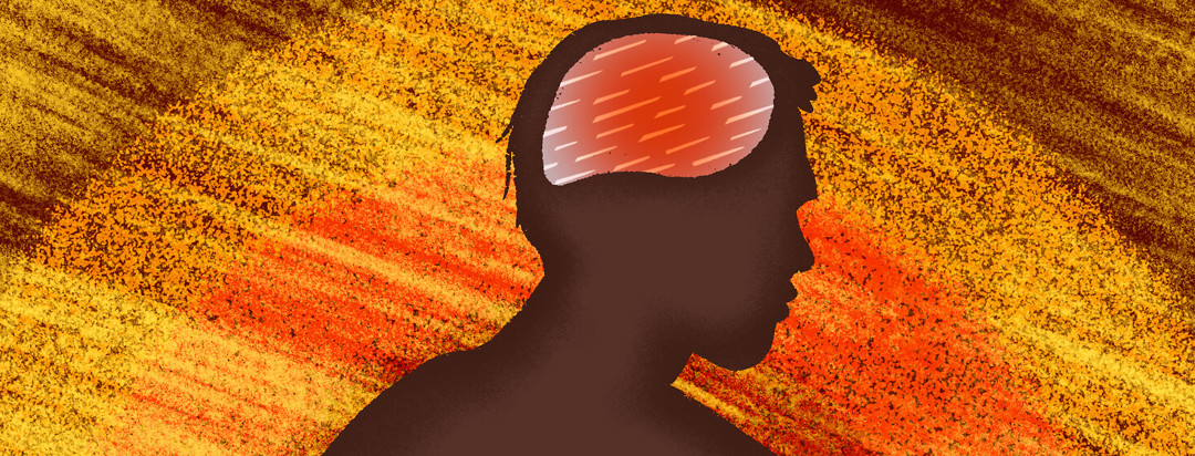 A silhouette of a man, his brain highlighted in red with spears running through it