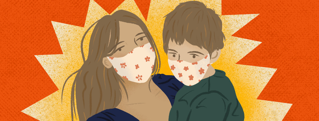White mother holding her son, who has cystic fibrosis, while both wear face masks; yellow starburst behind them