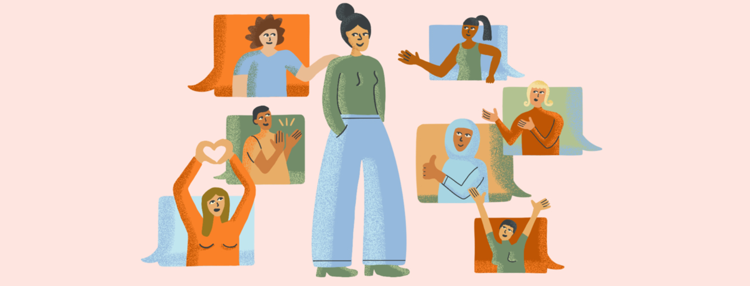 Woman smiles as talk bubbles of moms support her from across the Internet