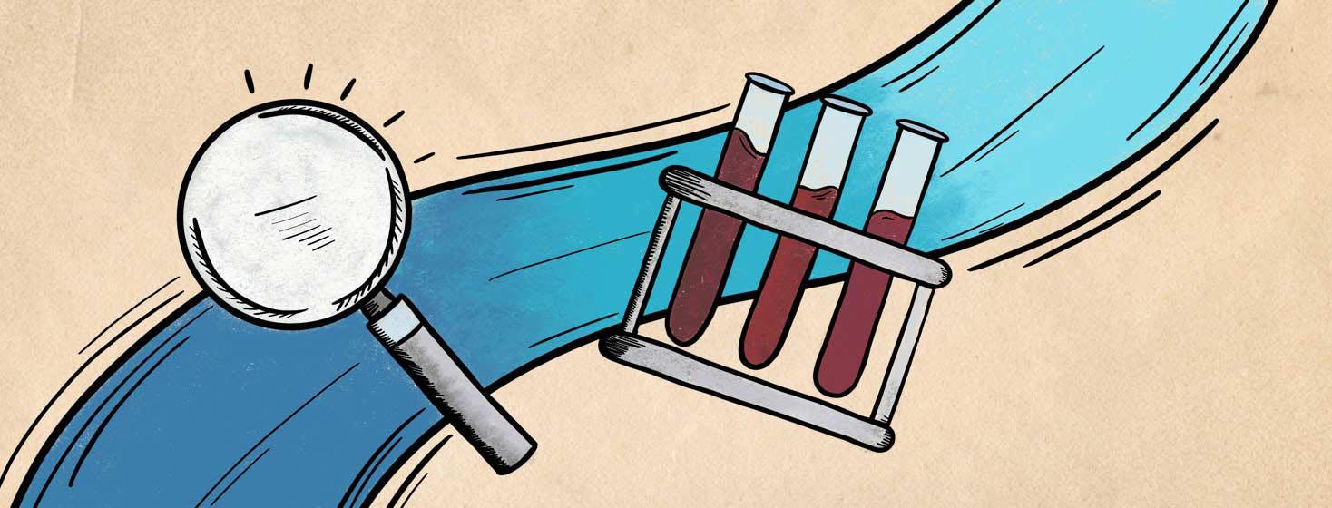 A magnifying glass and rack of test tubes moving across a blue swoosh.