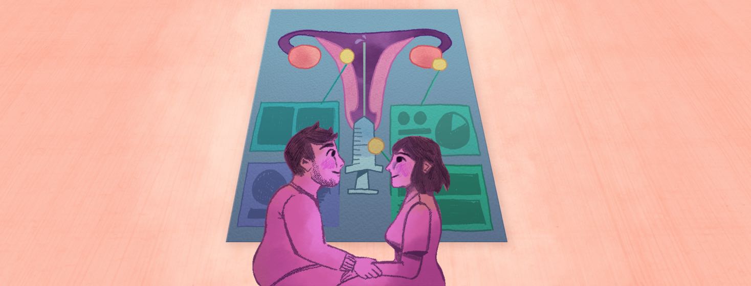 A couple facing each other while holding hands in front of an enlarged IUI diagram