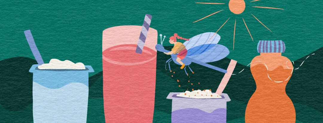 Toddler on a dragonfly zips through nutritional choices like yogurt, smoothies, and a nutritional shake