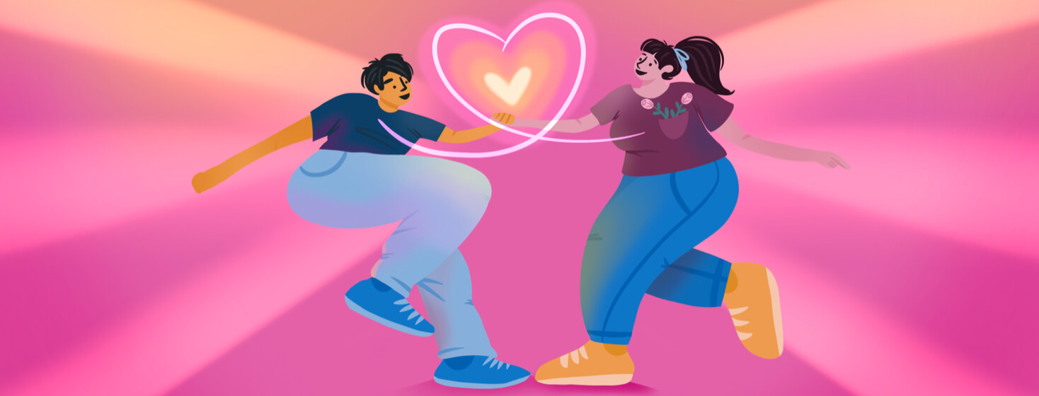 A couple holding hands radiate love with a connected heart between them. A woman in the relationship holds CF roses in her pocket