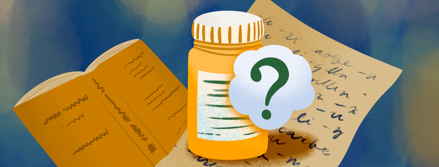 Medicine pill bottle with label and question mark revealed