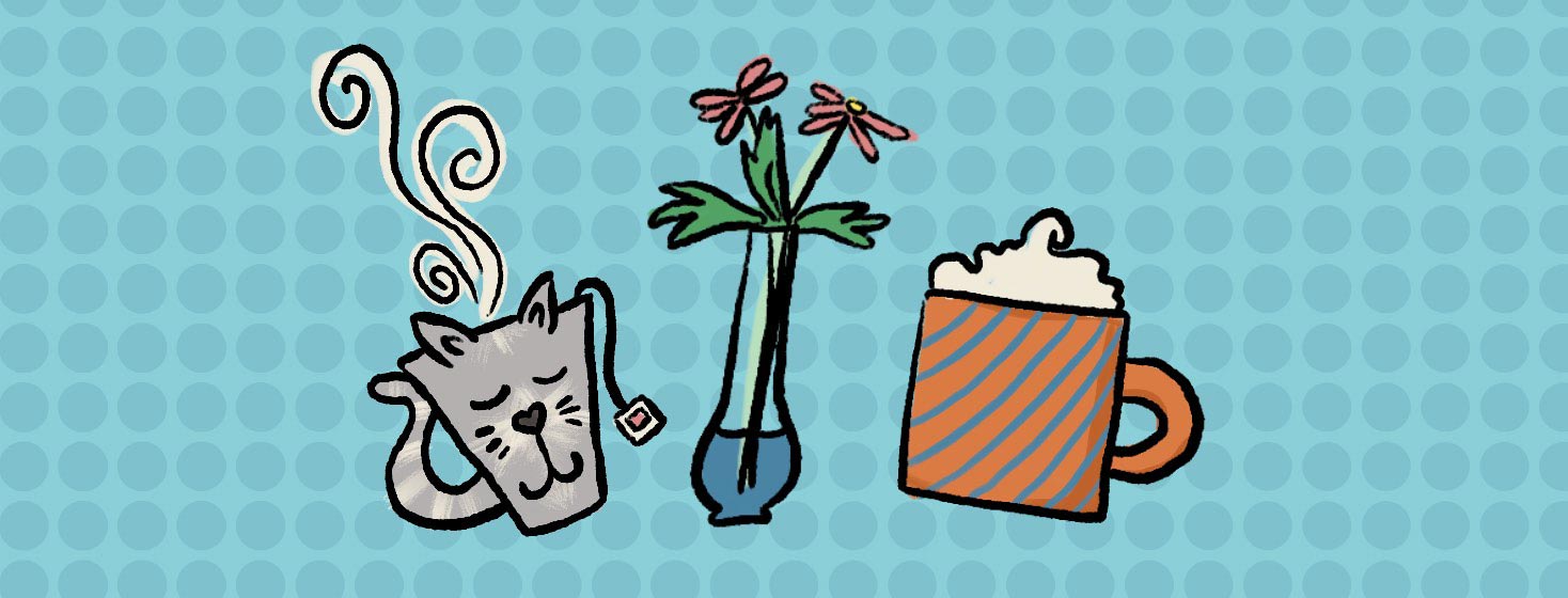A mug that looks like a gray cat, a vase with flowers, and a mug with whipped cream on top.