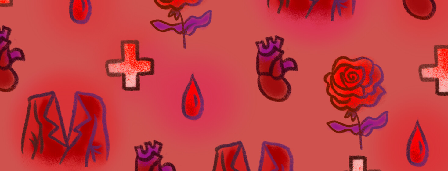 Pattern of red items like a blazer, blood drop, rose, heart, and hospital ER symbol