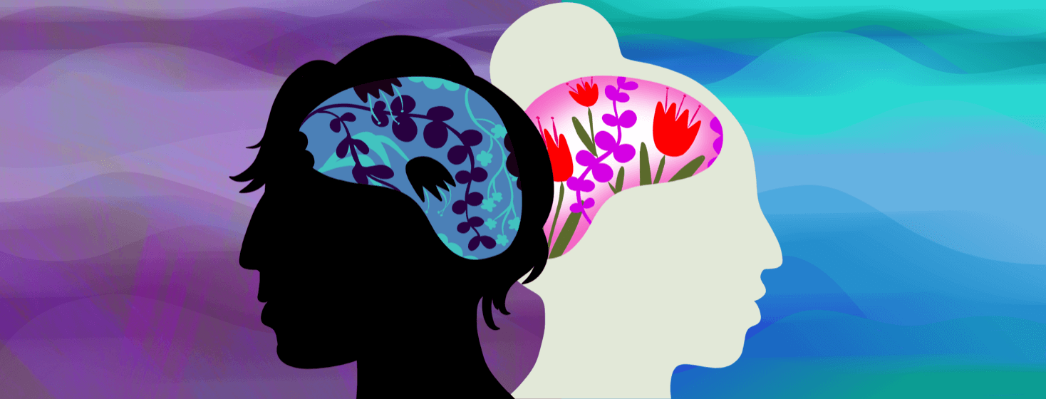 Two silhouettes featuring one brain with dark flowers and another with optimistic bright buds