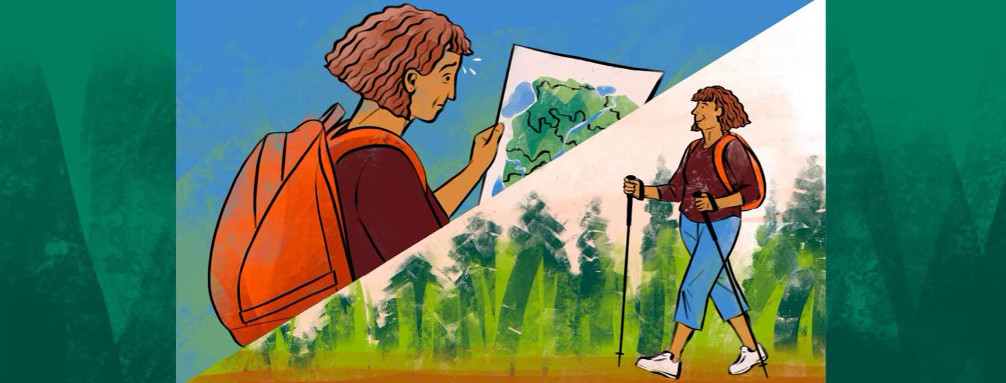 The same woman wearing a backpack is shown in two different scenarios on a split screen - looking nervously at a winding trail on a map, and walking confidently down a flat nature path with trekking poles.