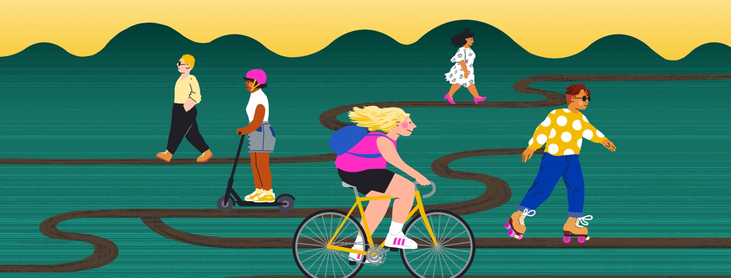 A diverse number of people are biking, roller skating, and walking in different directions on a winding path.