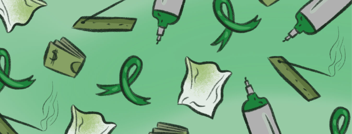 Green pattern featuring awareness ribbon, tissue with mucus, oxygen tank, folded dollar bills, and incense