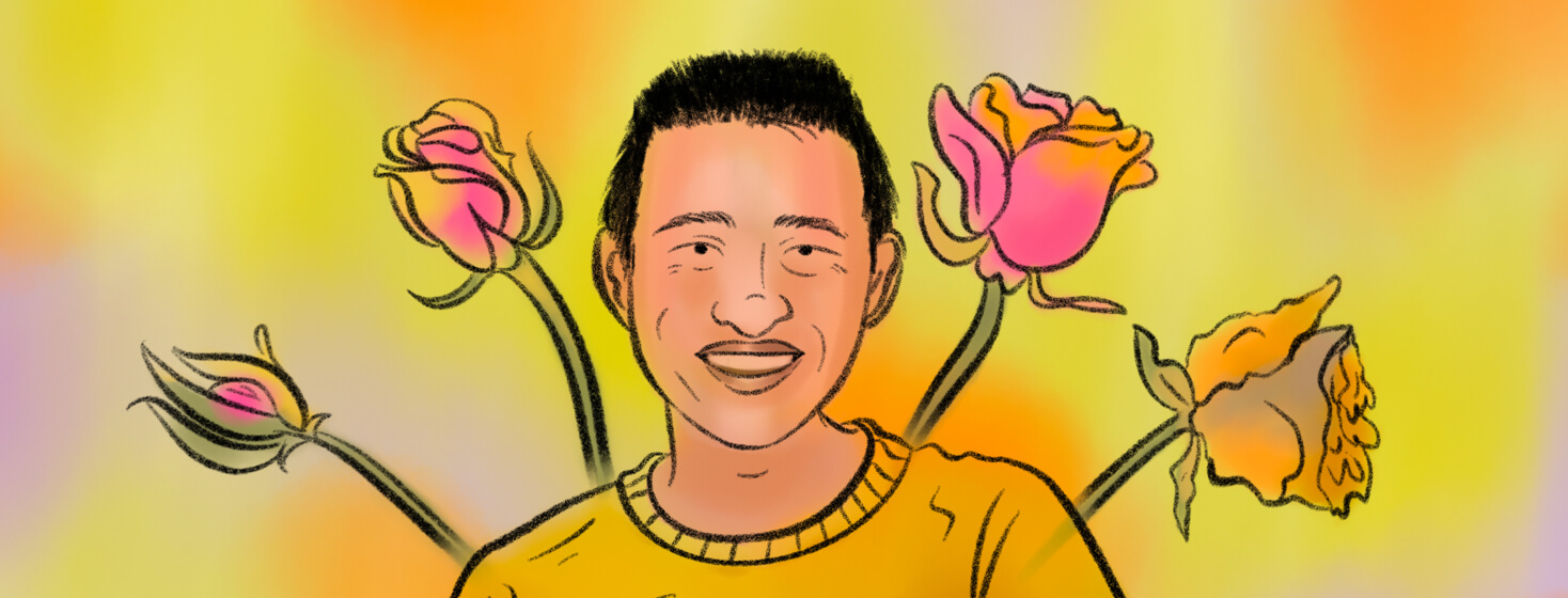 Portrait of Terrence Ho among flowers that cycle from blooming to death