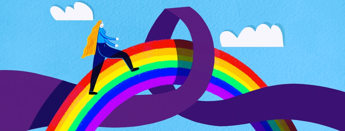 A woman crosses a rainbow bridge stretching through a purple ribbon