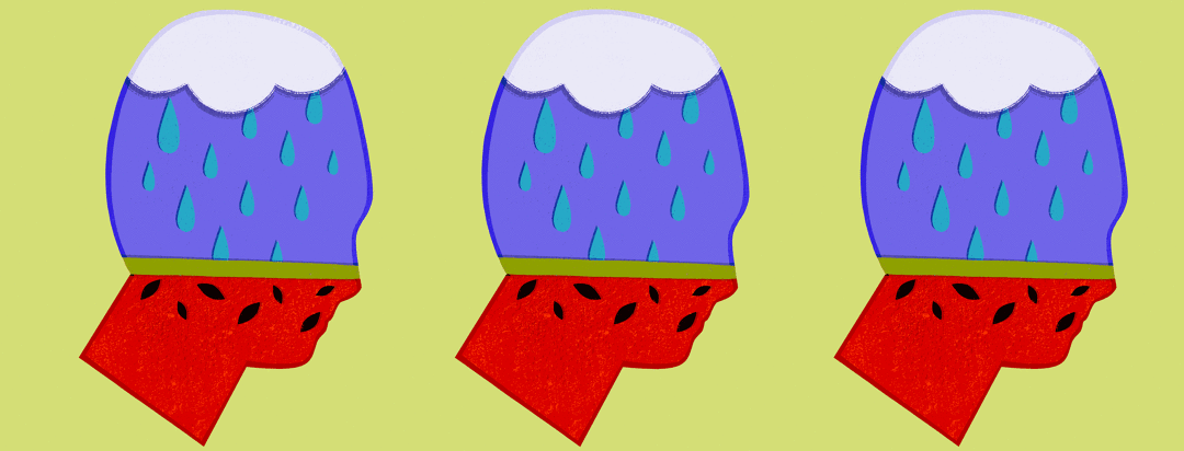 three heads flash a rainy day inside them then a sunny day