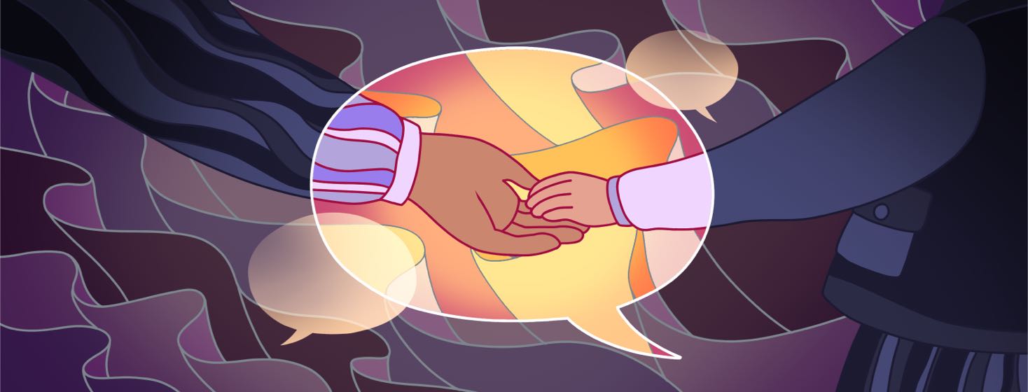 In the darkness, a parent and child hold hands surrounded by a colorful speech bubble.