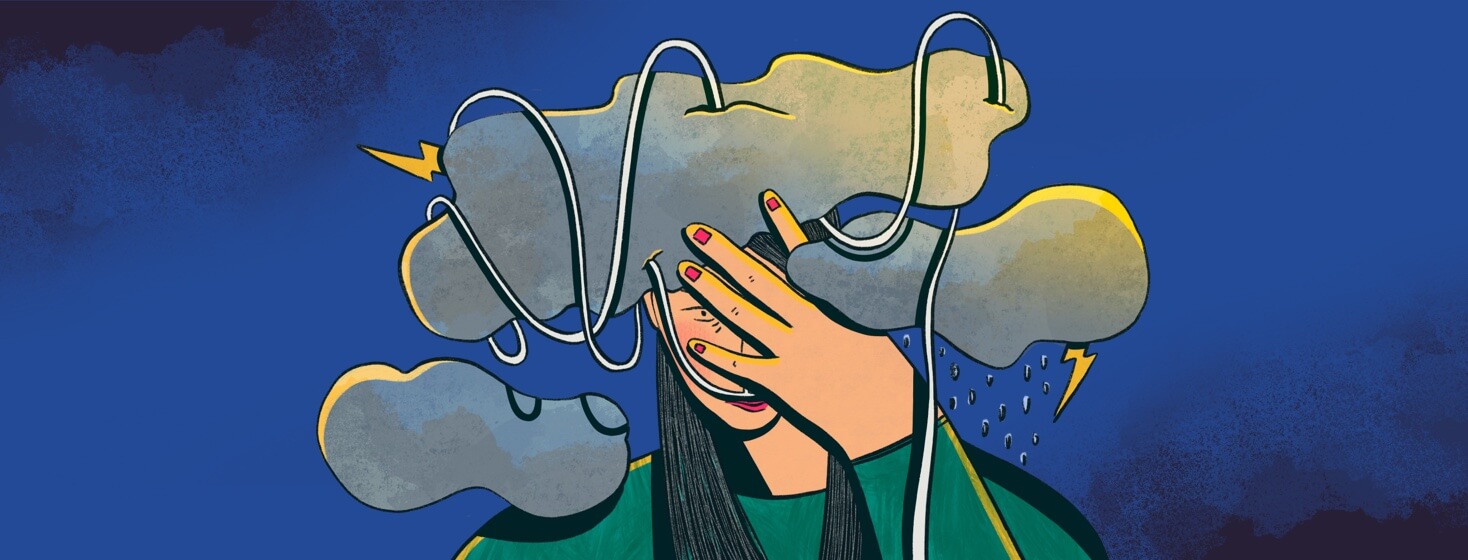 An overwhelmed woman with a stormy cloud and tangled oxygen cord hanging above her head