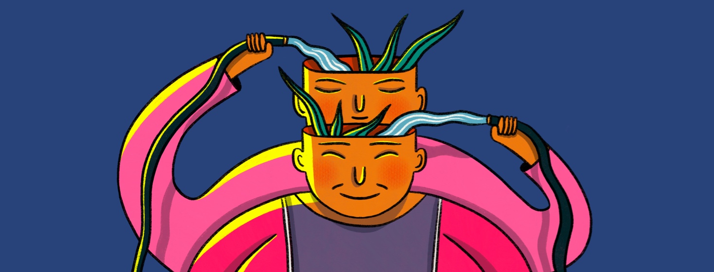 two people with potted plant heads getting watered