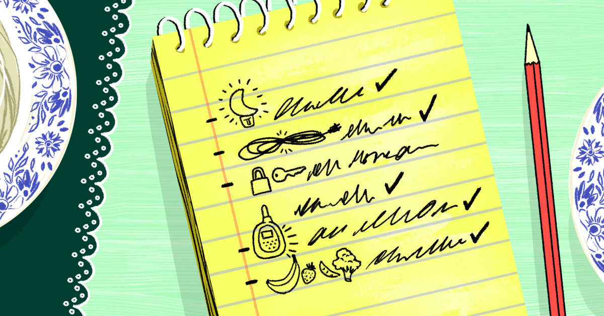 A notepad checklist shows daily tasks such as healthy food, phone, lock, key, cord, check list