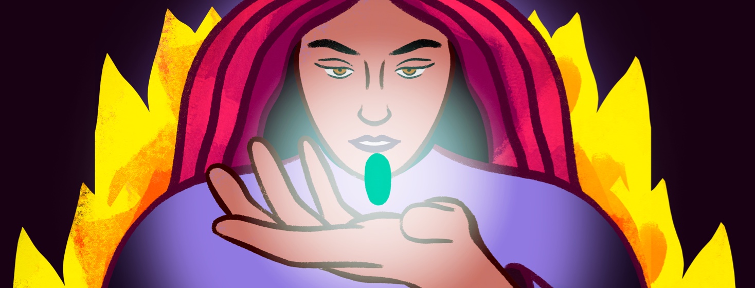 A woman holds a glowing pill in her hand with a fire behind her