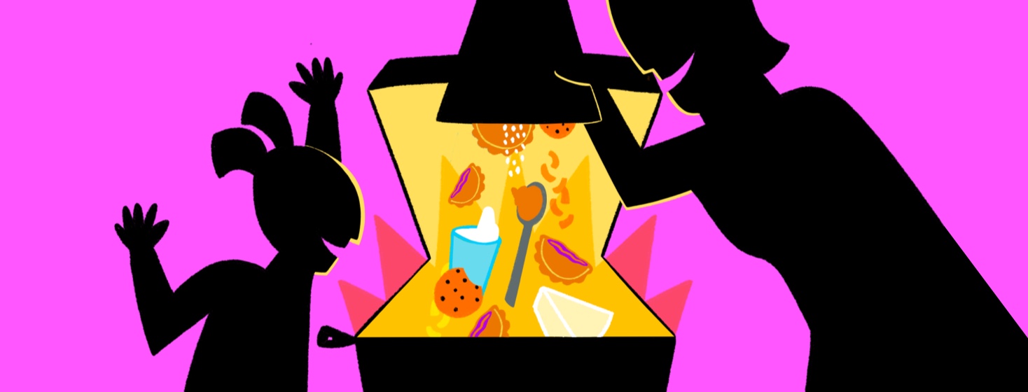 Silhouette of a mother adding snacks to a glowing lunch box as daughter watches