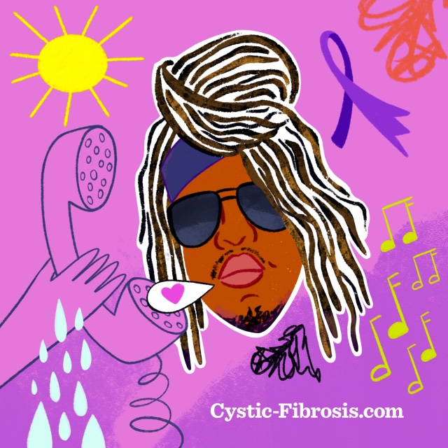 Portrait of Kadeem on the phone surrounded by a purple ribbon, music notes, a sun, rain, scribbles 