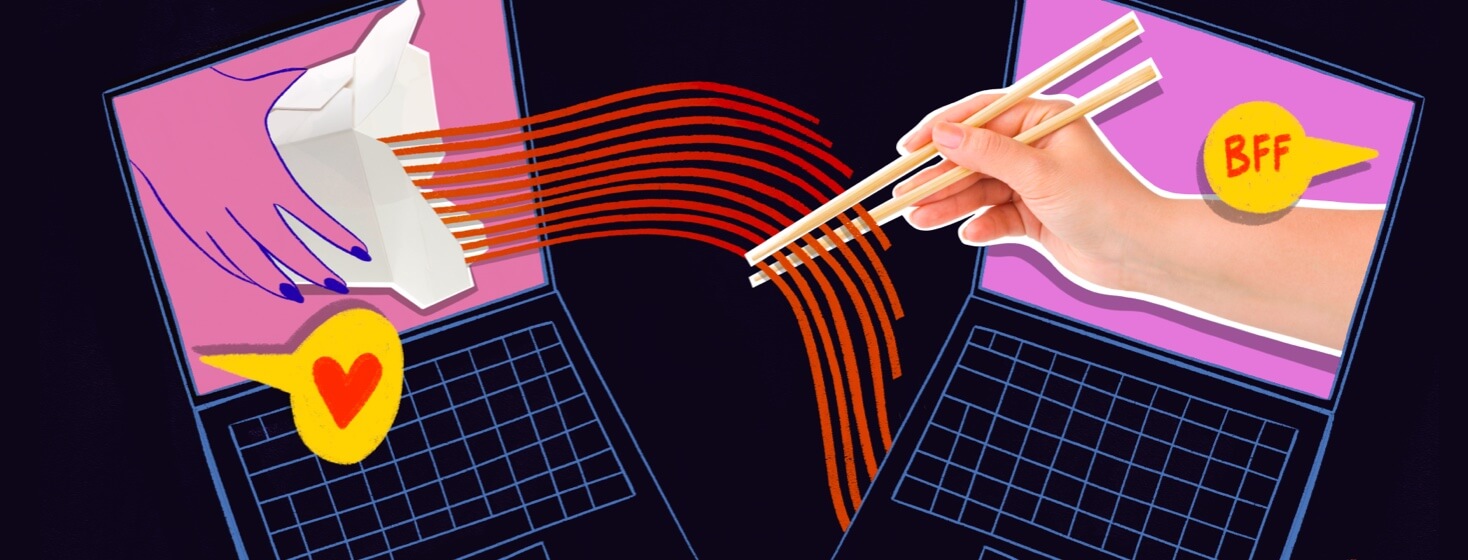 A hand pops out of a computer and shares a box of noodles with another hand holding chopsticks popping out from a different computer