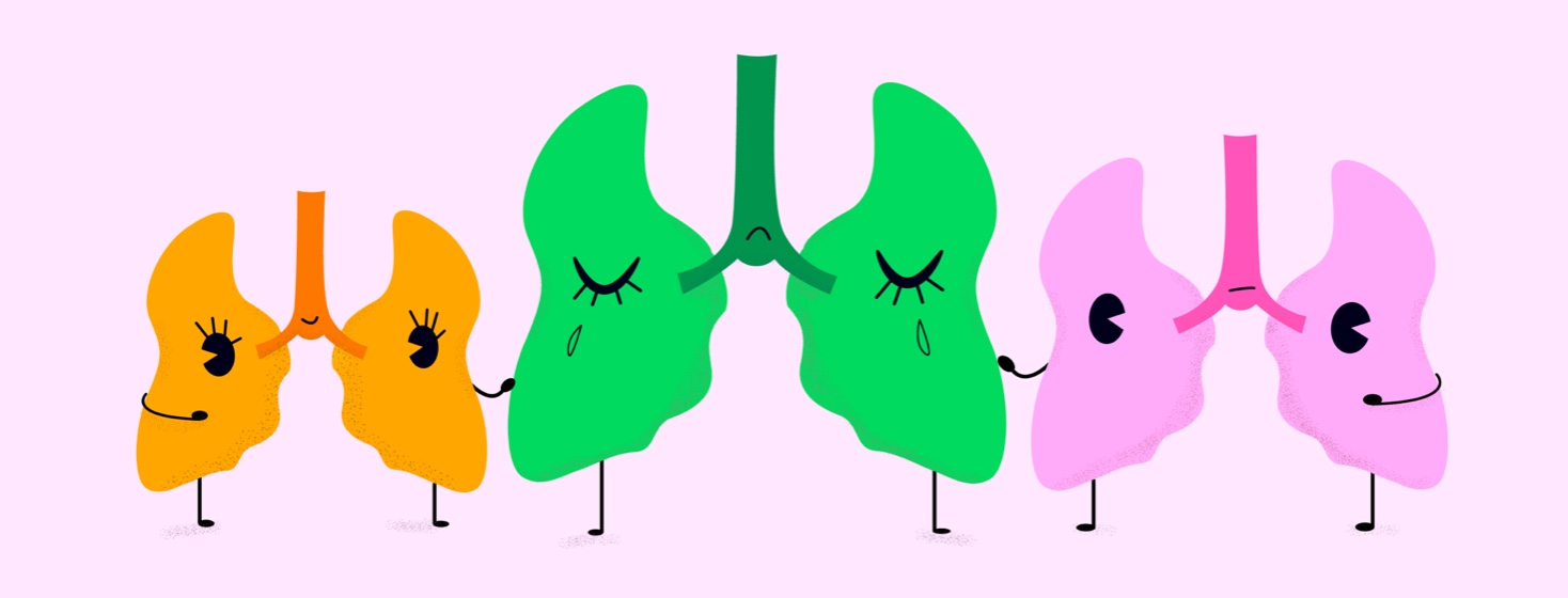 A sad pair of green lungs is comforted by a pink pair of lungs and an orange pair of lungs