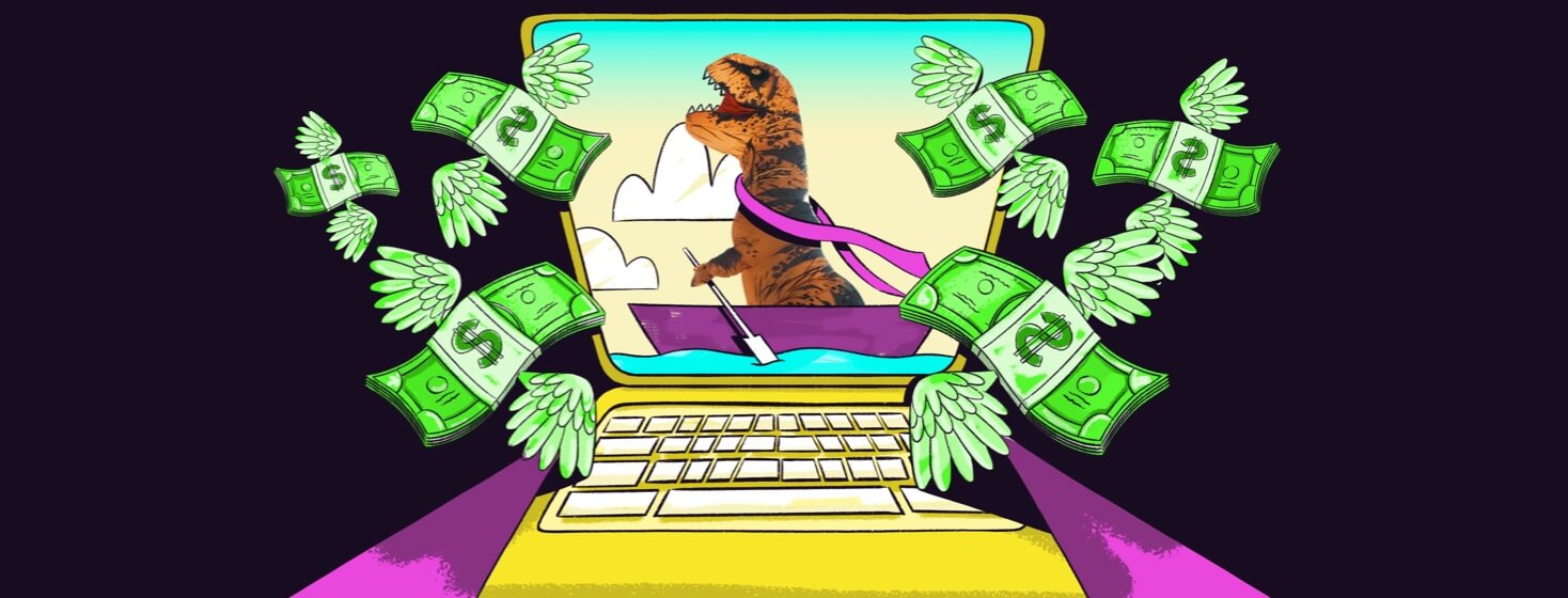 Money flies around a computer with a dinosaur paddling a boat on the screen
